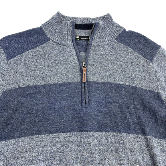 Smartwool Men's 1/4 Zip Blue Stripe Wool Blend Pullover Sweater - Picture 2 of 11